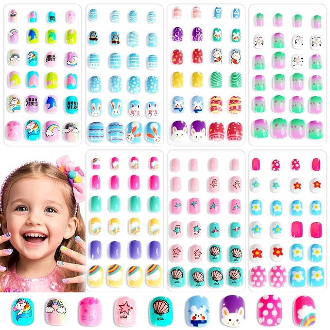 168 Pieces Press on Nails for Kids, SAVILAND 7 Pack Children Fake Artificial False Nail Tips Old Colorful Flower Nails For Girls 8-12 Years Pre Glue Full Cover with Nail Adhesive Tabs (Glamkids)