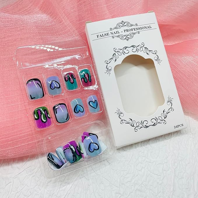 Square Press on Nails Short Fake Nails with Designs Colorful Heart Stick on Nail Black Lines Acrylic False Nail French Glossy Artificial Nail Full Cover Glue on Nails for Women