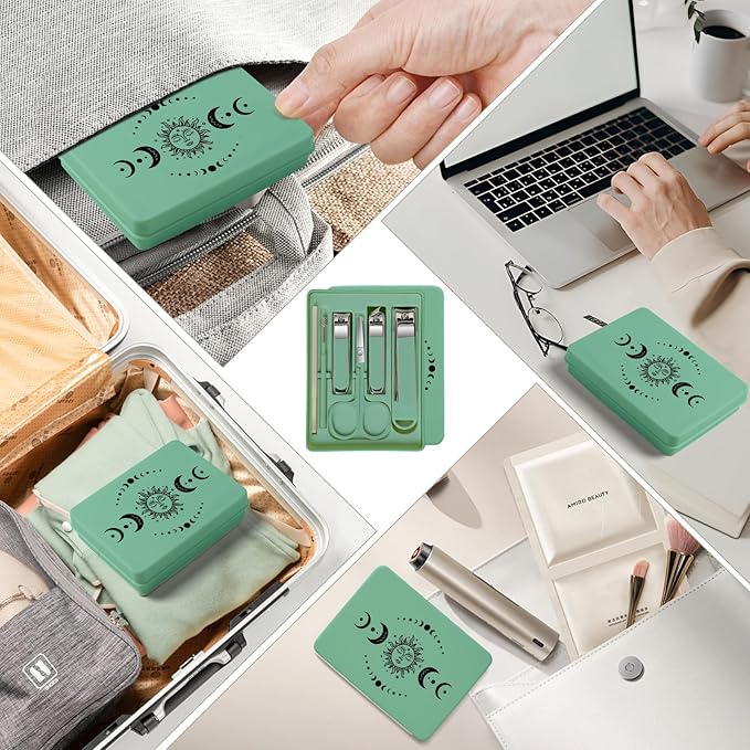 6-Piece Nail Clipper Set with Nail File, Tweezers and ingrown toenail Removal kit Travel Nail kit for Men and Women (Moon Green)