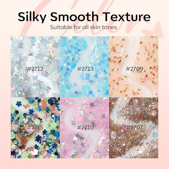 modelones Gel Nail Polish Set, 6 Colors Dried Flower Laser Butterfly Blue Pink Star Shape Ornament Glitter Gel Polish Collection with Wooden Stick All Seasons Soak Off LED Manicure DIY Gift