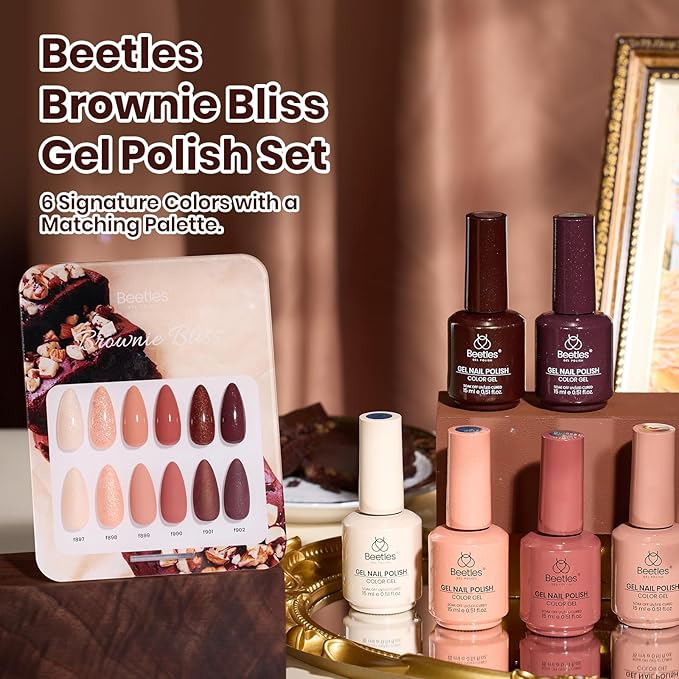 Beetles Brown Gel Polish Set, 6 Colors Light Dark Brown Color Gel Nail Polish Pearl Shimmering Soak off UV Led Lamp Needed Manicure DIY Salon Home Gifts for Women Brownie Bliss