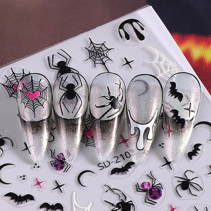 Embossed Halloween White Ghost Nail Stickers Decals Black Spider Web Bat Nail Art Sticker Decal Blood Drop Nails Sticker Self-Adhesive Spider Nails Decal for Women Halloween Decor