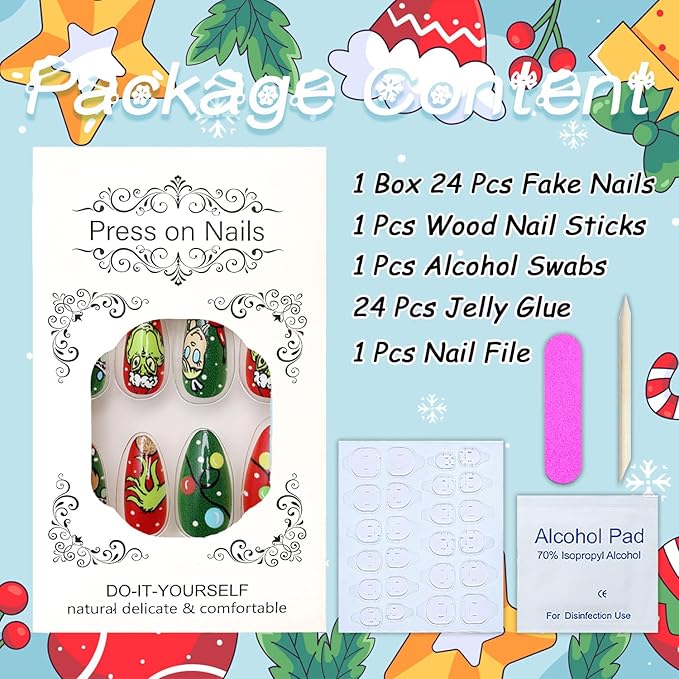 24 Pcs Christmas Medium Almond Press on Nails with Xmas Cartoon Green Monster and Dog Designs Red Green Glossy Acrylic Nails Cute Christmas Nails Full Cover Stick on Nails for Women DIY Manicure