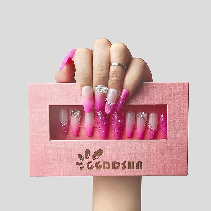 2025 Handmade Reusable Medium Pink Gradient Press-On Nails French Stickers Rhinestones Full Coverage Fake Nails for Women (Gradient Pink, Medium)