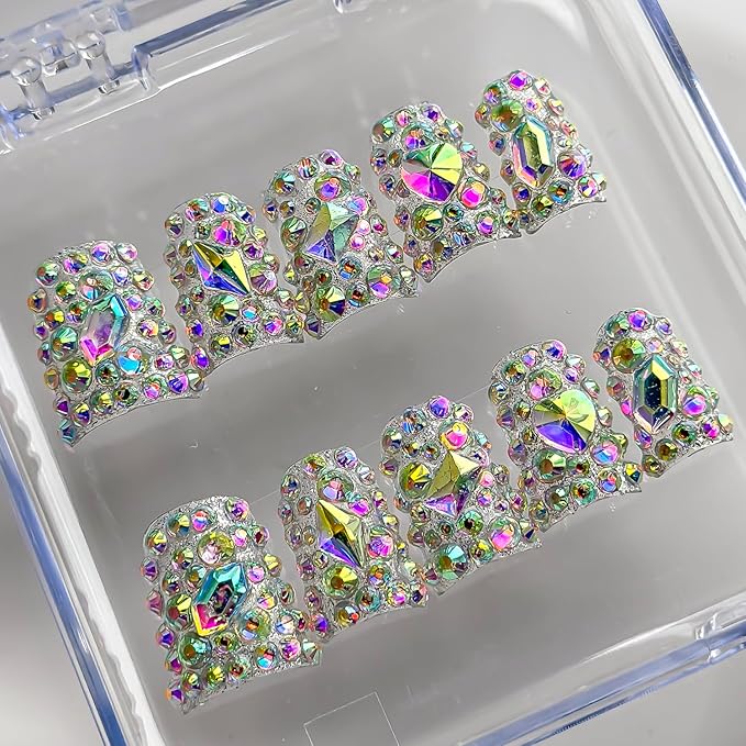 Luxury Press on Nails Short Duck Handmade 3D Unique Reusable ABS Material Fake Nails False Nails with Designs Full Rhinestones Sparkly Glossy Glue on Nail Thick Acrylic Nail(S)