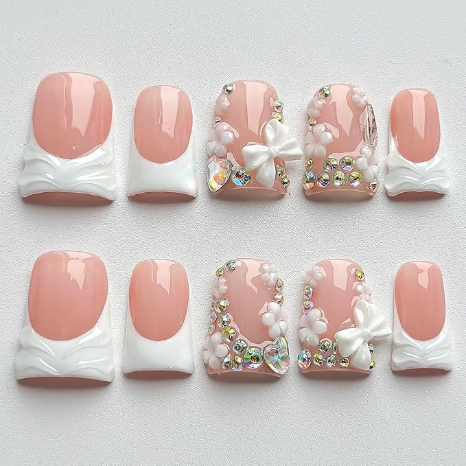 Luxury Press on Nails Short Duck Handmade 3D Unique Reusable ABS Material Fake Nails White French Tip False Nails with Designs Flower Butterfly Rhinestones Glossy Glue on Nail Thick Acrylic Nail(S)