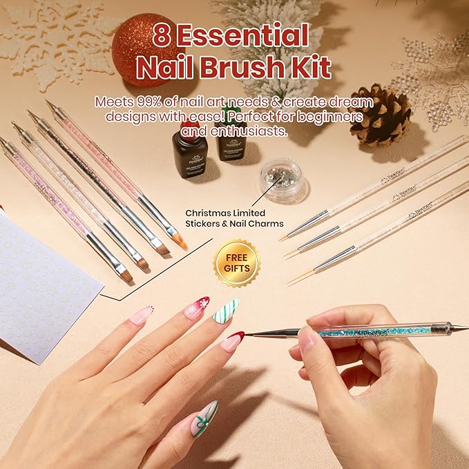 Beetles Nail Art Brushes 8pcs – Crystal Nail Art Tools 5pcs Double-ended Nails Dotting Tool, 3pcs Striping Liner Brushes for Nails with Charms and Stickers DIY Manicure Design Tools