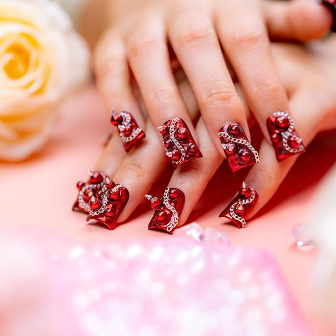 10 Pieces Luxury Acrylic Press On Nails Short Handmade Duck Nails, Red Thickened False Nails, Punk-style Silver Rivets And Chains, Reusable Fake Nails, Acrylic Nails (M)
