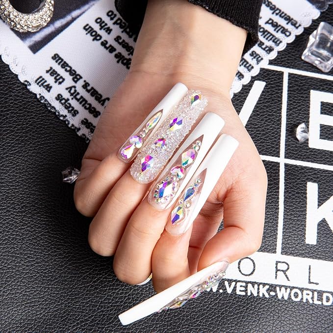 LOVFUL Press on Nails Candy Diamonds & White French Tip | Luxury Spring French Tip Glossy Press On Nails with Bling | Square Long 2.2 in | H36(S)