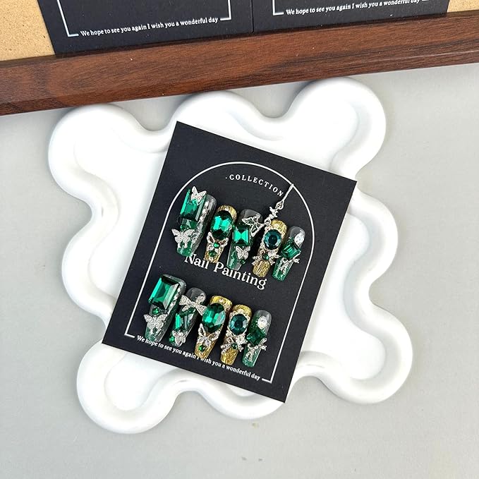 100% 5D Handmade Press on Nails Green Diamond False Nails Long Coffin Fake Nails Press ons Silver Bow Butterfly Nail Charms Press on Nails for Women Girls Daily Wear DIY Manicure Size M