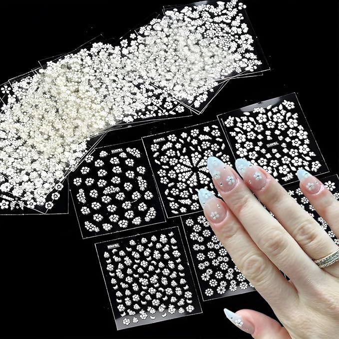 30 Sheets Flower Nail Stickers White 3D Self-Adhesive Floral Nail Stickers for Nail Art Summer Nail Art Stickers Daisy Design Nail Decals for Nail Art for Women