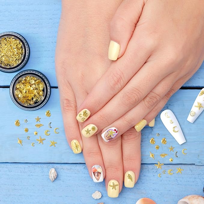 2 Disc Ocean Nail Art Charms, 3D Alloy Nail Art Decals, Beach Starfish Seashell Gems Supplies for Women DIY Craft Jewelry Manicure Embellishments- Gold