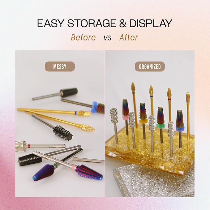 PANA Rectangle Transparent Acrylic Nail Drill Bit Holder Display Organizer Stand - Carbide Bit Storage Mount For Manicure Tools Nail Salon - 12 Holes Gold (Drill Bits Not Included)