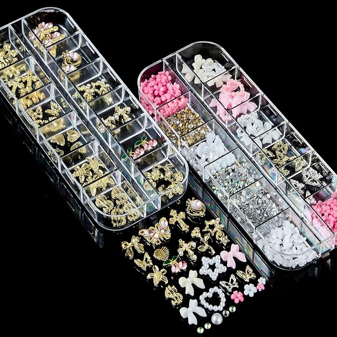 Nail Charms,Nail Rhinestones Kit with 4 Boxes of Nail Gems,Colorful Clear Flatback Rhinestone,3D Charms for Nails 3D Nail Art Design Kit Nail Decorations for Women