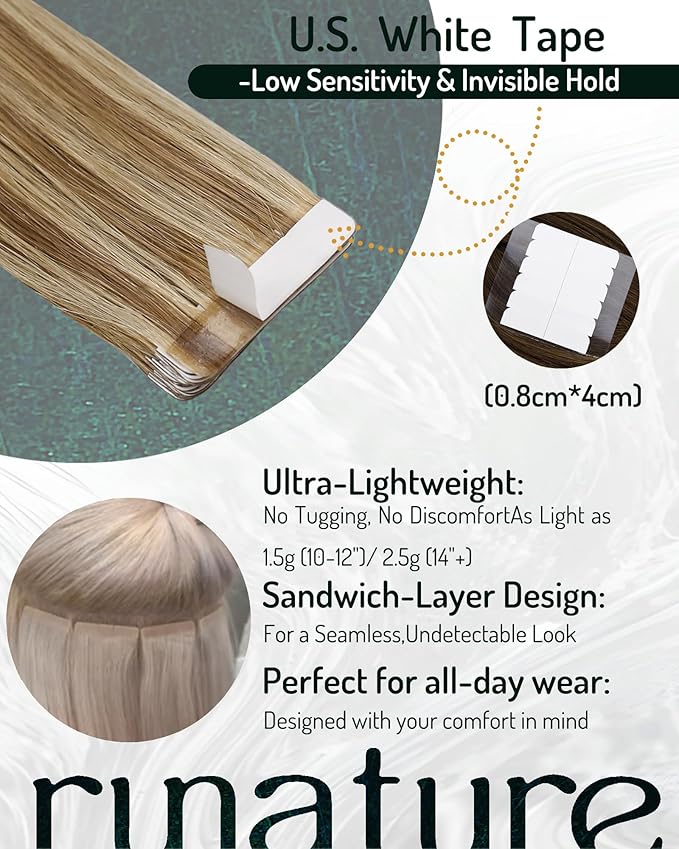 RUNATURE 22 Inch Tape in Hair Extensions Human Hair Blonde Tape in Extensions Remy Hair Seamless Tape Ins Human Hair Extensions Long Lasting No Shedding 50g 20pcs Dark Blonde Highlight Caramel Blonde