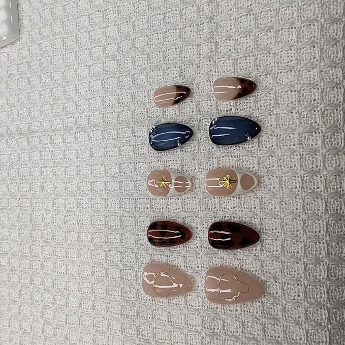 Handmade Nails Almond Shape Ins Style Gilded Star Accents French Details Leopard Print Patterns Nude Pink & Navy Blue Base Glossy Surface Fashion Manicure Wear Press on Nails 10 pcs (S)
