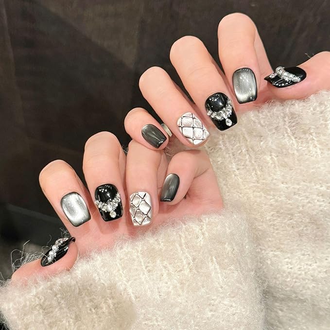 Short Square Press on Nails - Handmade Manicure Art Reusable False Nails 10pcs with Solid Nail Glue, Nail Adhesive Tabs, Strong Nail Glue (2777 Large)