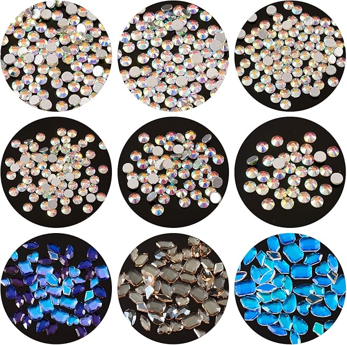 FASHEWELRY 1 Box Glass Rhinestone Nail Art Cabochons K9 Pointed Back Nail Rhinestones Flat Back Crystal Glass Gem for DIY Nail Art Decoration, 24 Style