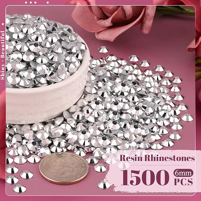 1500PCS 6mm Resin Rhinestones Bulk for Crafting (Silver), Flatback Bedazzling Crystals for Crafts DIY Nail Decoration, Gems Charms for Tumbler Shoes Clothing Fabric with Pickup Pen and Tweezers
