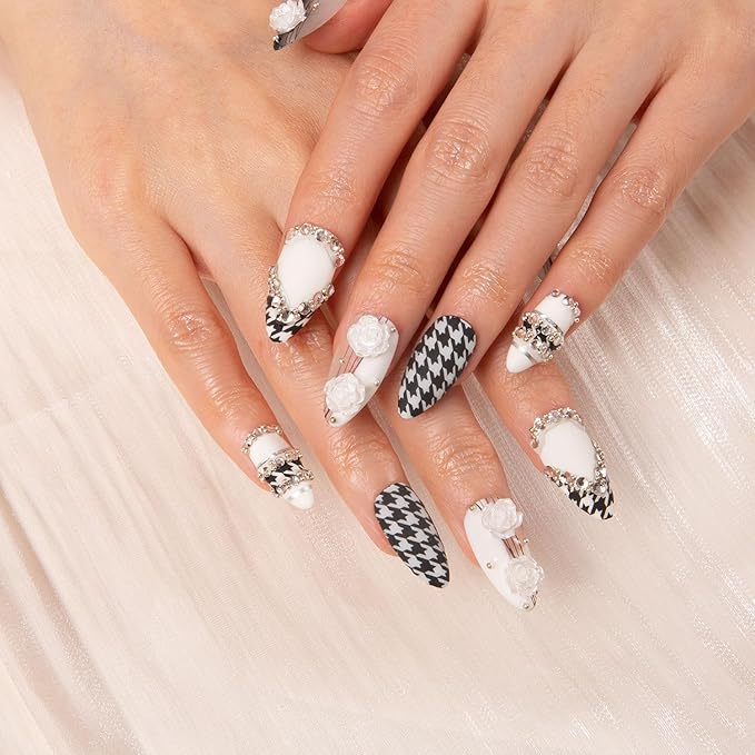 LOVFUL Press on Nails Houndstooth | Handmade with Full Covered Crystals | Reusable Fake Nails | Almond Regular 1.0 in | H30-S