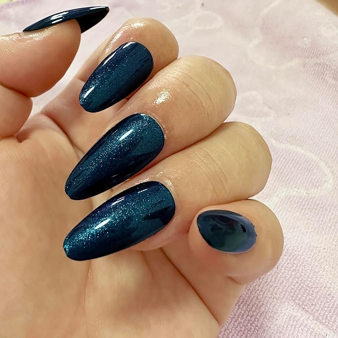 Handmade Glitter Blue Press on Nails Gel Nails Series With Uv Sealer Medium Almond Dazzling Fake Nails Galaxy False Nail Kits Stick Glue on Nails Sets Reusable Full 24Pcs
