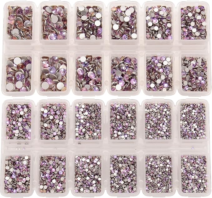 10000 Pieces Rhinestones 6 Sizes Round Crystal Glass Flat Back Rhinestones with 1Tweezers and 1Picking Pen for Nail Art Crafts Clothes Bags DIY (Pink Purple)