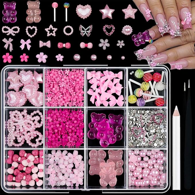 3D Nail Charms and Gems Kit Pink Cute Assorted Candy lollipop Gummy Bear Star Nail Charms with Picker Tools Kawaii Nail Art Charms for Nails Design Supplies Junk Cases DIY Decor Accessories