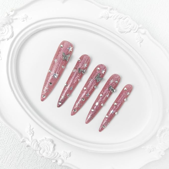 2025 Long Novel Design Reusable 100% Handmade Press-On Nails 10PCS PMMA Acrylic Nail Kit with Box Gifts for Women (Pink Mirage, Medium)