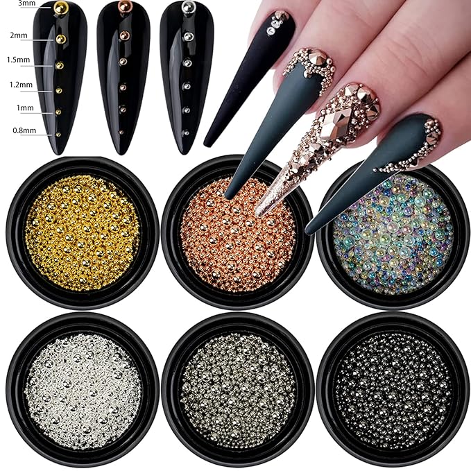 HNUIX Nail Beads - Mixed Size, 6 Colors, Round, Metal Steel Beads Nail Charms, Caviar Beads Nail Accessories for Acrylic Nails, Manicure DIY Crafts Decorations