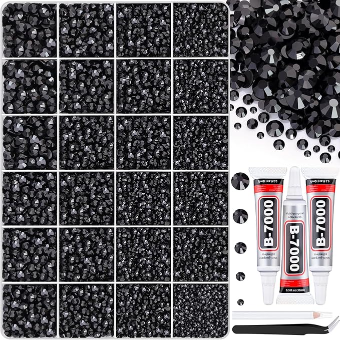30000Pcs Black Rhinestones for Bedazzling with B7000 Jewelry Glue, Bedazzler Kit Bulk Flatback Gems, Resin Rhinestones for Crafting Crafts Clothing Shoes Fabric Nail Art Assorted Size 2/3/4/5/6mm