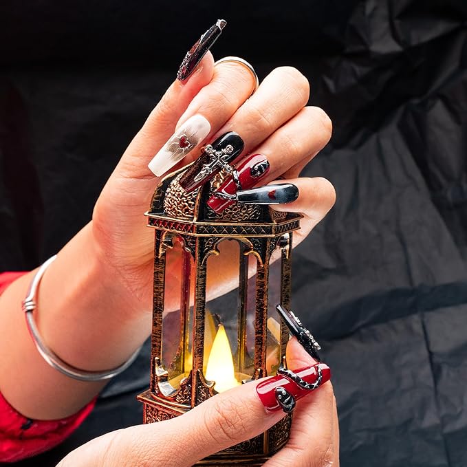 Sun&Beam Nails Handmade Press-on Long Coffin Ballerina Red White Black Silver Glam Halloween Ombre Design Fashion False Nail Tips 10 Pcs Set (#189 S)