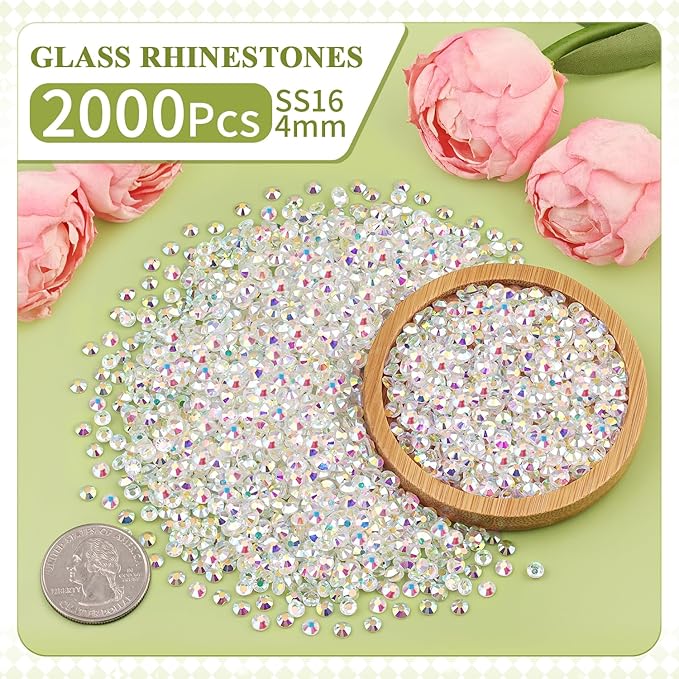 2000PCS SS16/4mm Crystal Rhinestones (Transparent AB), Bedazzling Flatback Glass Rhinestones for Crafting, Gems Diomand Charm for Tumbler Shoes Clothing Mug Nail Art