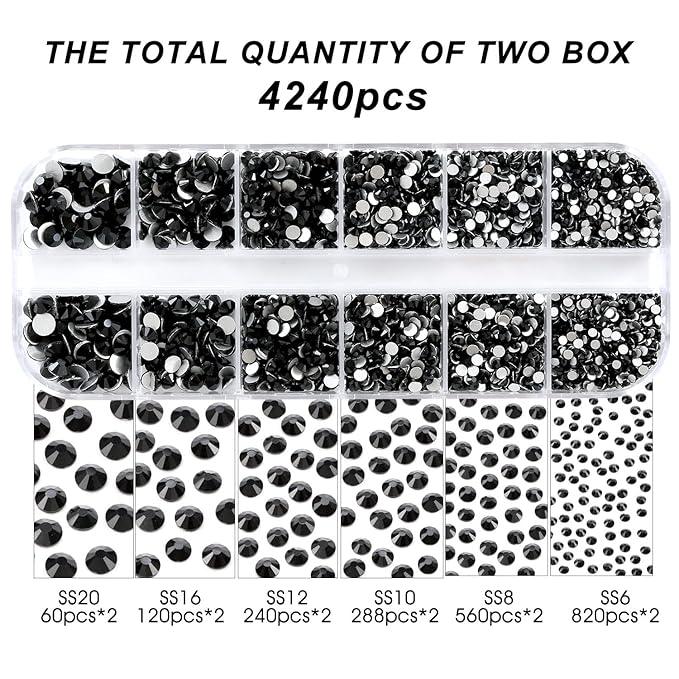 4240Pcs Flatback Black Rhinestones Glass Crystal Gemstones for Nail Art Eye Jewels Makeup Round with Tweezers and Picking Pen (SS6~SS20 Set)