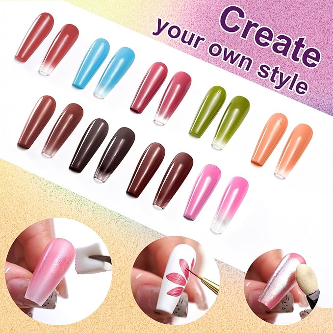 Gradient Gel Nail Set, 9 Colors Almond Ombre Gel Nail Polish with 6 Aurora Multi-Purpose Brushes for Pigment Pat Nails French Manicure Nail DIY Painting Soak Off UV Canyon Bloom