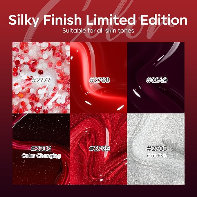modelones Red Gel Nail Polish Set, 6 Colors 2026 Burgundy Bloody Wine Dark Red Jelly Pearl Glitter Gel Polish Silver Cat Eye Nail Polish with Liner Pen& Magnet& Wooden Stick LED Gift