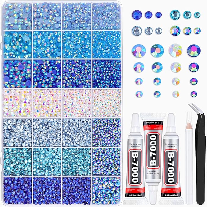 20000Pcs Blue Rhinestones for Bedazzling with 3Pcs B7000 Jewelry Glue, Resin Rhinestones for Crafting Crafts，Bedazzler Kit Flatback Gems for Clothing Shoes Tumblers Nail Art