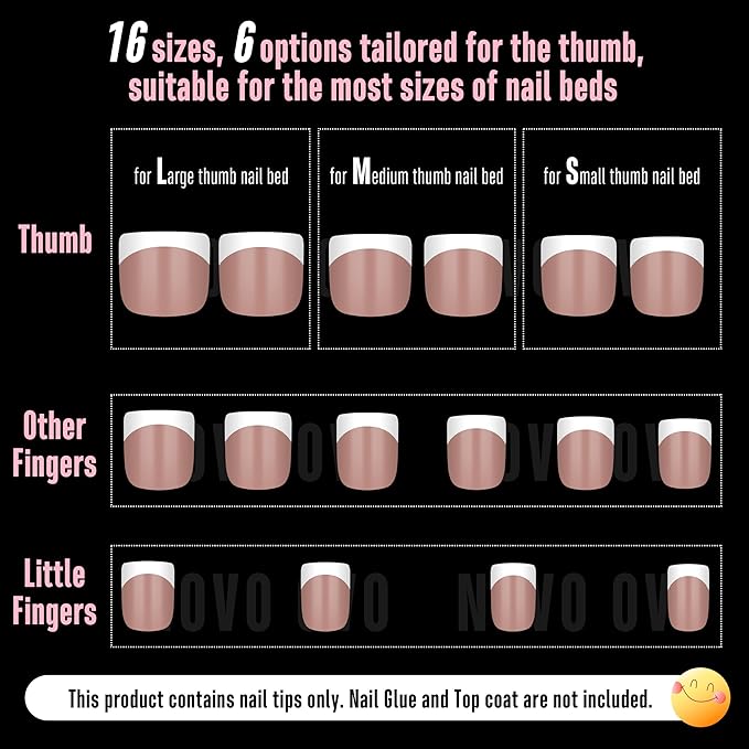 NOVO OVO Extra Short White French Tip Nail Tips, XS XXS Square Round BROWN PINK, for Wide & Short Nail Beds, Thick Full Cover Press on for Women Men, Soft Gel Acrylic Extension kit, 16 Sizes x 224pcs