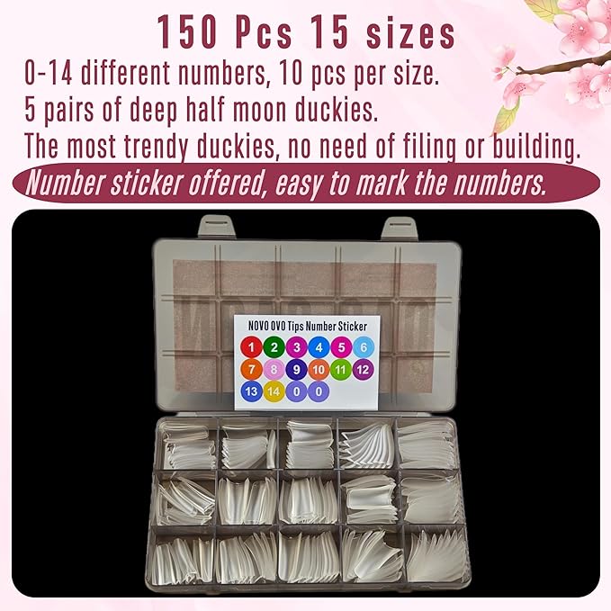 NOVO OVO Halloween Extra Thick Duck Feet Nail Tips Full Cover for Press on Acrylic with Moon Curve, Medim Long Clear Pre-Etched Matte Flare Wide French Soft Gel False Nail Extension x 15 Sizes 150 pcs