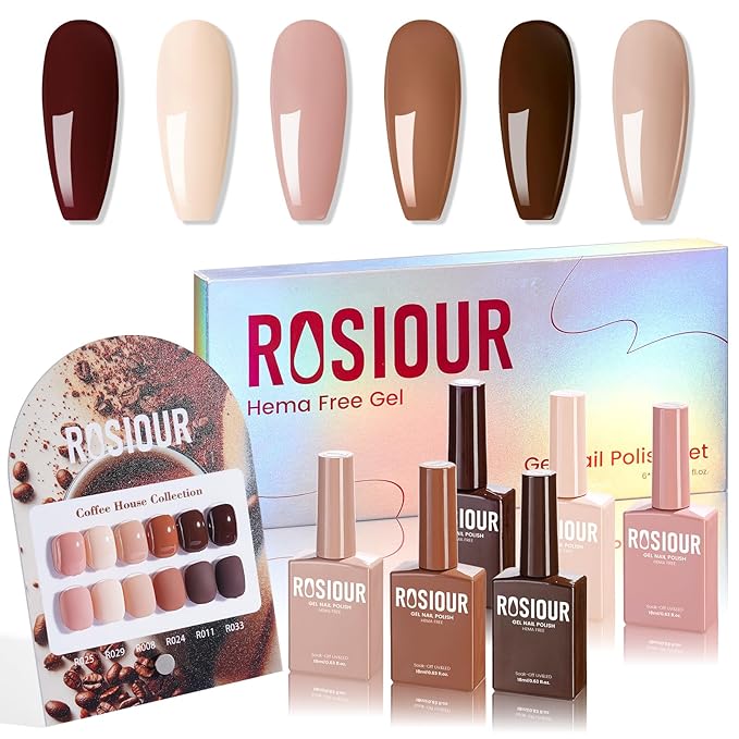 6PCS 18ml Fall Gel Nail Polish Set- Hema Free Nude Brown Soak off Gel Polish Set with Swatch Board - Beige Dark Tan Taupe Gel Colors Nail Art Manicure Salon DIY at Home for Women Girl