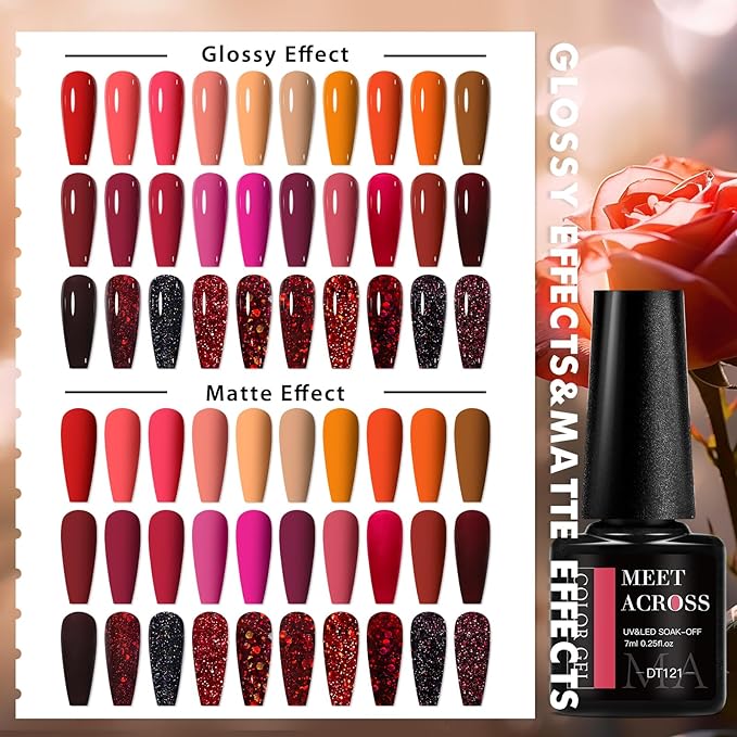 MEET ACROSS 30 PCS Red Gel Nail Polish Set, Burgundy Gel Kit Glitter Nail Polish Soak Off Rose Dark Red Shimmer DIY Home Salon Manicure Gifts for Women Girls