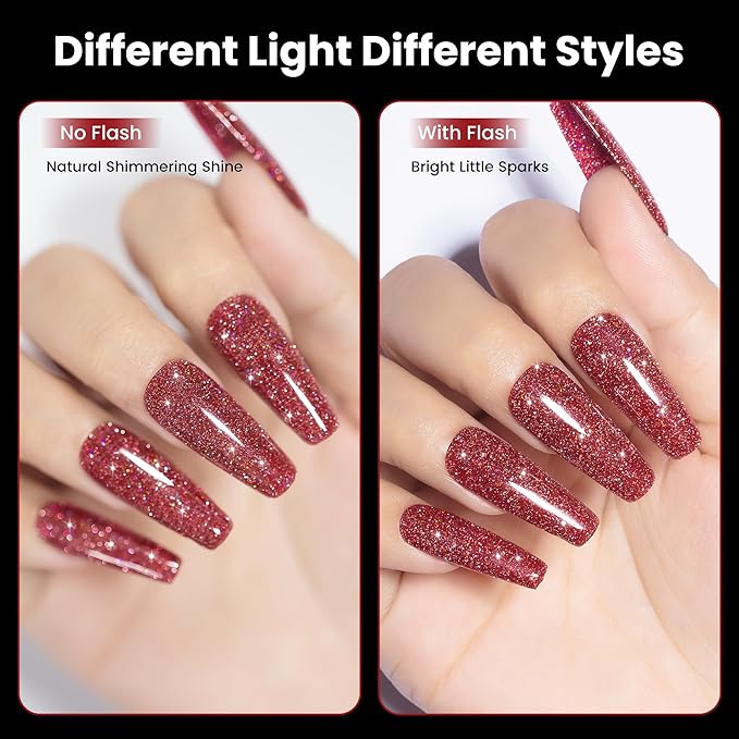 YTD Likomey Colorful Reflective Glitter Gel Nail Polish,15ml Red Flash Diamond Shimmer Nails Gel,Sparkly Shiny Salon Home Fall Winter Manicure UV Varnish,SZ395