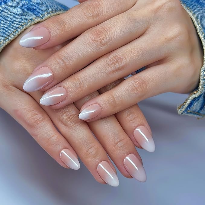 Hand Painted Handmade Press On Nails Short Almond Ombre Pink White with an Ultra-Glossy Mirror Finish.Reusable Soft Gel Nails in 15 Sizes -30 Nail Kit with Glue | Designed in LA|Vanilla Cream