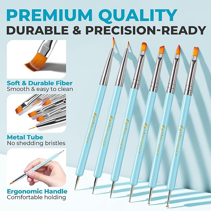 UNA GELLA Nail Art Brushes 6PCS Blue Color Nail Art Design Set with Nail Polish Extensions Gel Brush Christmas Liner Builder Nail Gel Pens Multi-Size Dotting Tools for DIY Home Salon Manicure Design