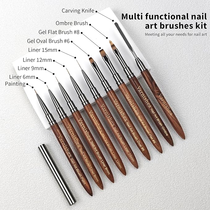 9Pcs Nail Art Brushes Sandalwood Handle Professional Gel Polish Art Nail 3D Art Nail Dotting Brush Pen for Manicure DIY Home SalonNails Detail Paint Brushes Miniature Paint Brushes Fine Detailing Set