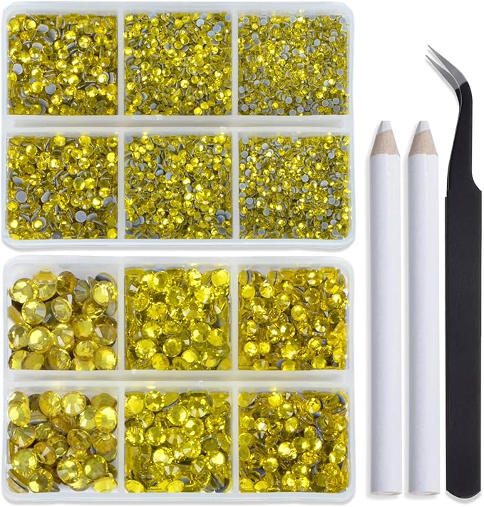 Bymitel Hotfix Crystal Rhinestones Round Gems for Crafts,Mixed 6 Sizes with Wax Pencil Kit, Citrine 1.6-6.3mm SS4-SS30/8000pcs