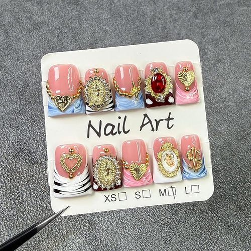 10 Pcs Duck Press on Nails Medium Fake Nails Sea Waves Pink French Tip Handmade False Nails with Glue, with 3D Golden Heart Design Artificial Acrylic Stick on Nails for Women（M）