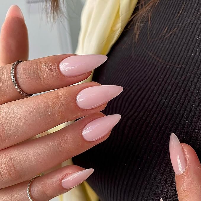 Dusty Pink Press on Nails - Almond Shape Medium Length Neutral Acrylic Reusable Fake Nails for Women Girls - Glue on Stiletto False Soft Gel Artificial Nails