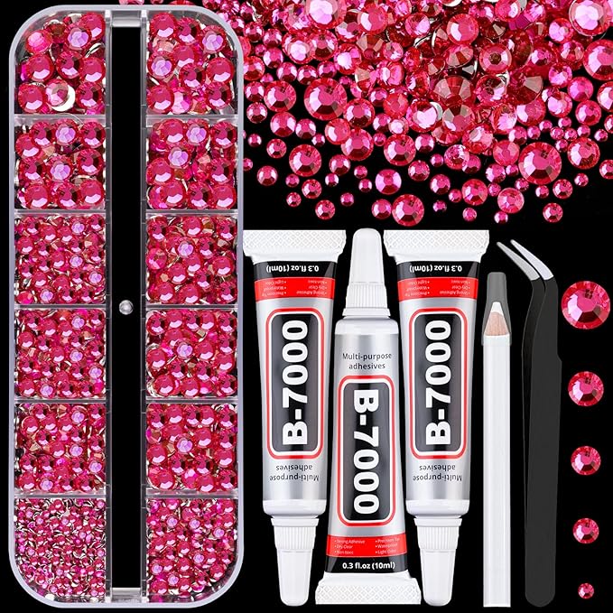 Resin Rhinestones for Crafting with 3Pcs 10ml B7000 Jewelry Glue, 1 Box Hot Pink Flatback Gems Crystals Diamond for Bedazzling Crafts DIY Nail Art Makeup, Gems for Clothing Tumblers Shoes