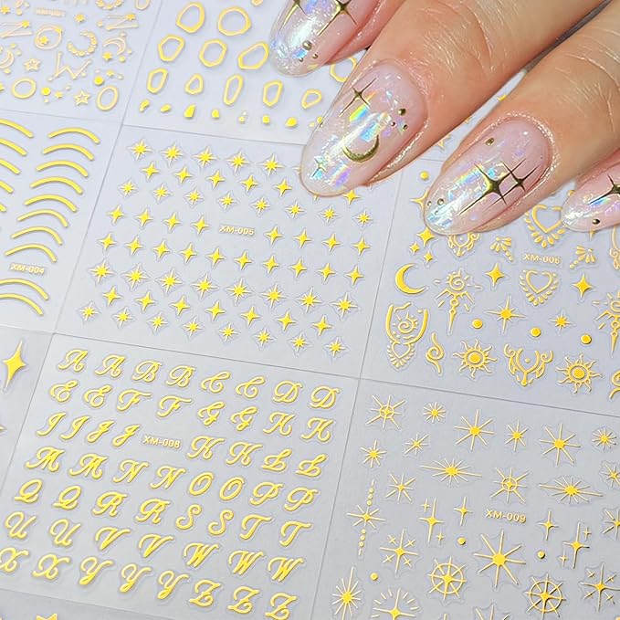 30 Sheets Gold Nail Sticker 3D Self-Adhesive Nail Decals Star Moon Heart Cute Knot Bow Design Nail Art Stickers for Women DIY Nail Art Decoration Accessories