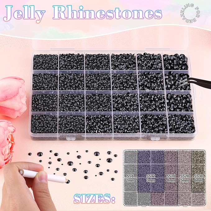 25000Pcs Resin Jelly Rhinestones with Tweezers for Crafting, 2-6mm Mixed Sizes (Black) Non Hotfix Flatback Gems, Bedazzling Crystal for DIY Crafts Clothing Tumblers Mugs Shoes Decor Nail Art